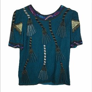 Vintage Lawrence Kazar green silk beaded blouse